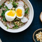 breakfast porridge soft with egg pea shoots